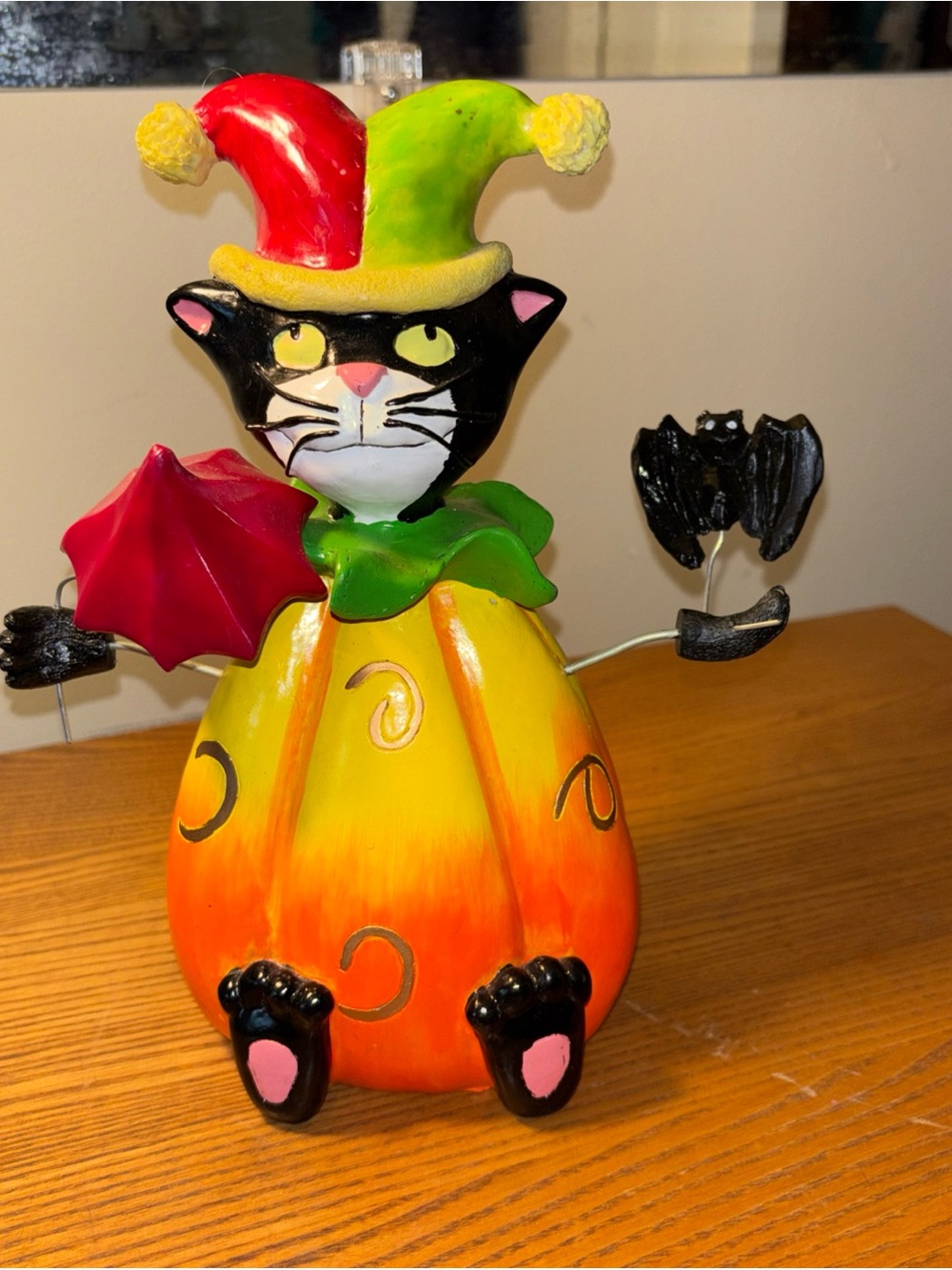 Whimsical Black Cat Pumpkin Figurine - Colorful Home Art